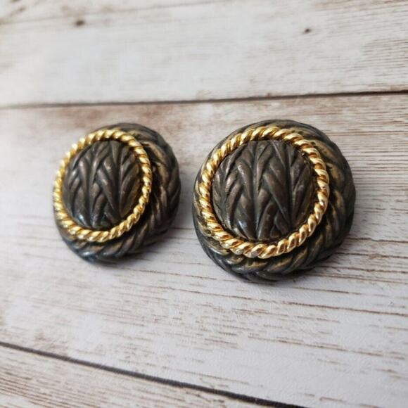 Vintage Clip On Earrings - Large Circular Statement Woven Design - Picture 2 of 4